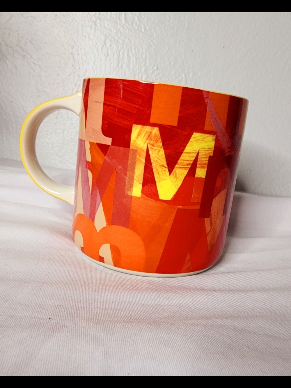 Anthropologie Monogram Initial M Mug Red Orange Yellow Collage Coffee Cup Large